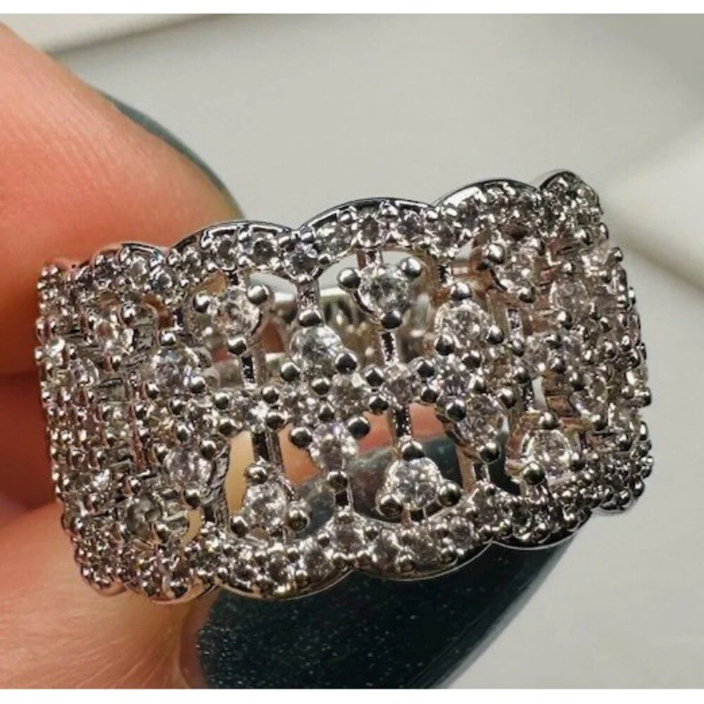 Bomb Party Size 7 Clear CZ Wide Lace Statement Ring Rhodium Plated BP
